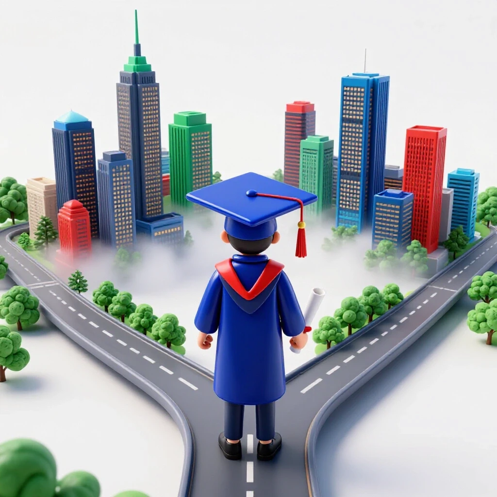 A vivid graduation cap and diploma at a crossroads, one path leading to a vibrant city and another into mist.