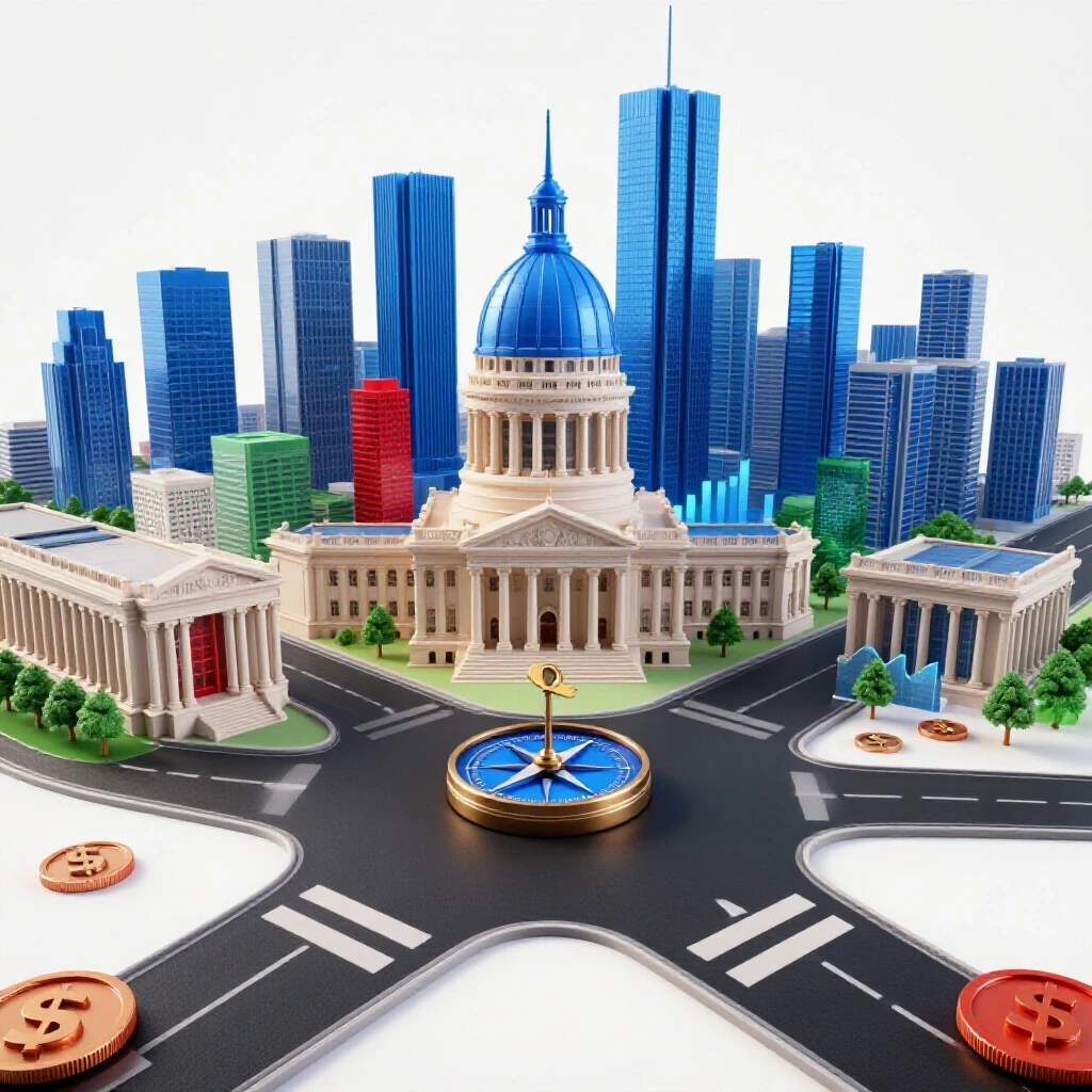 A crossroads with paths leading to a government building and a corporate skyline, symbols of payoff and career choices.