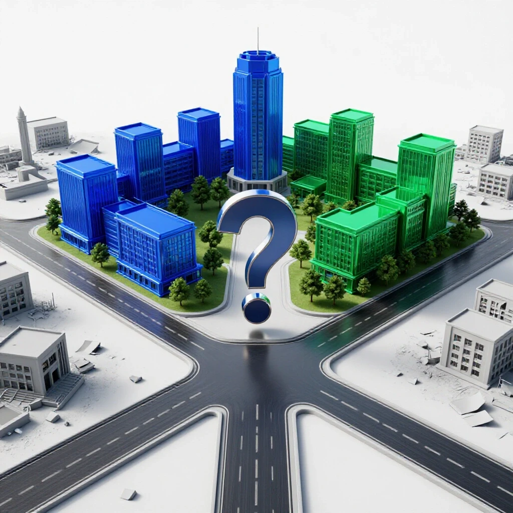 Glossy 3D crossroads with one vibrant campus path and one dull path, symbolizing degree choice dilemma