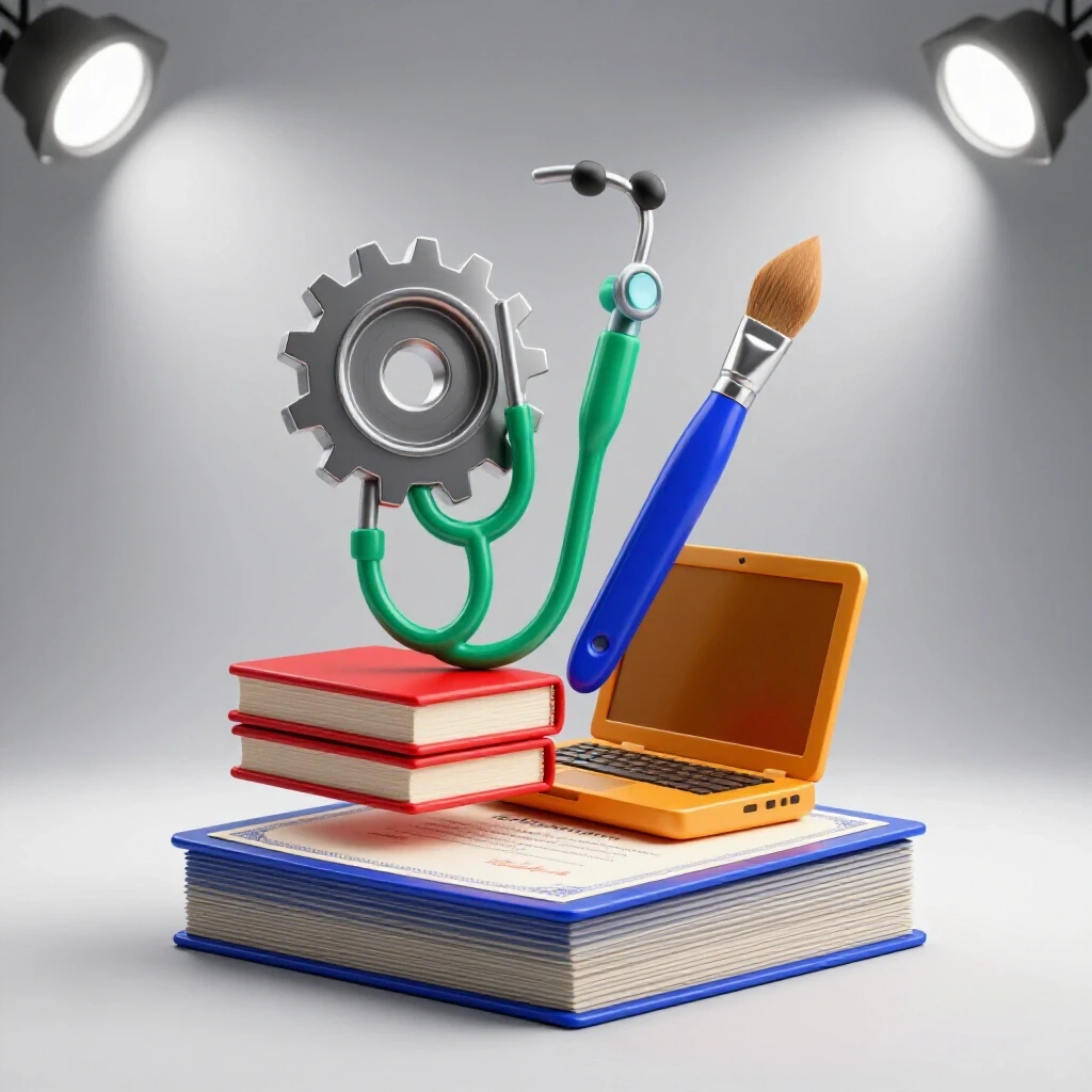 Bright scene showing glossy degree papers artfully balanced with vivid icons from different careers on a clean background.