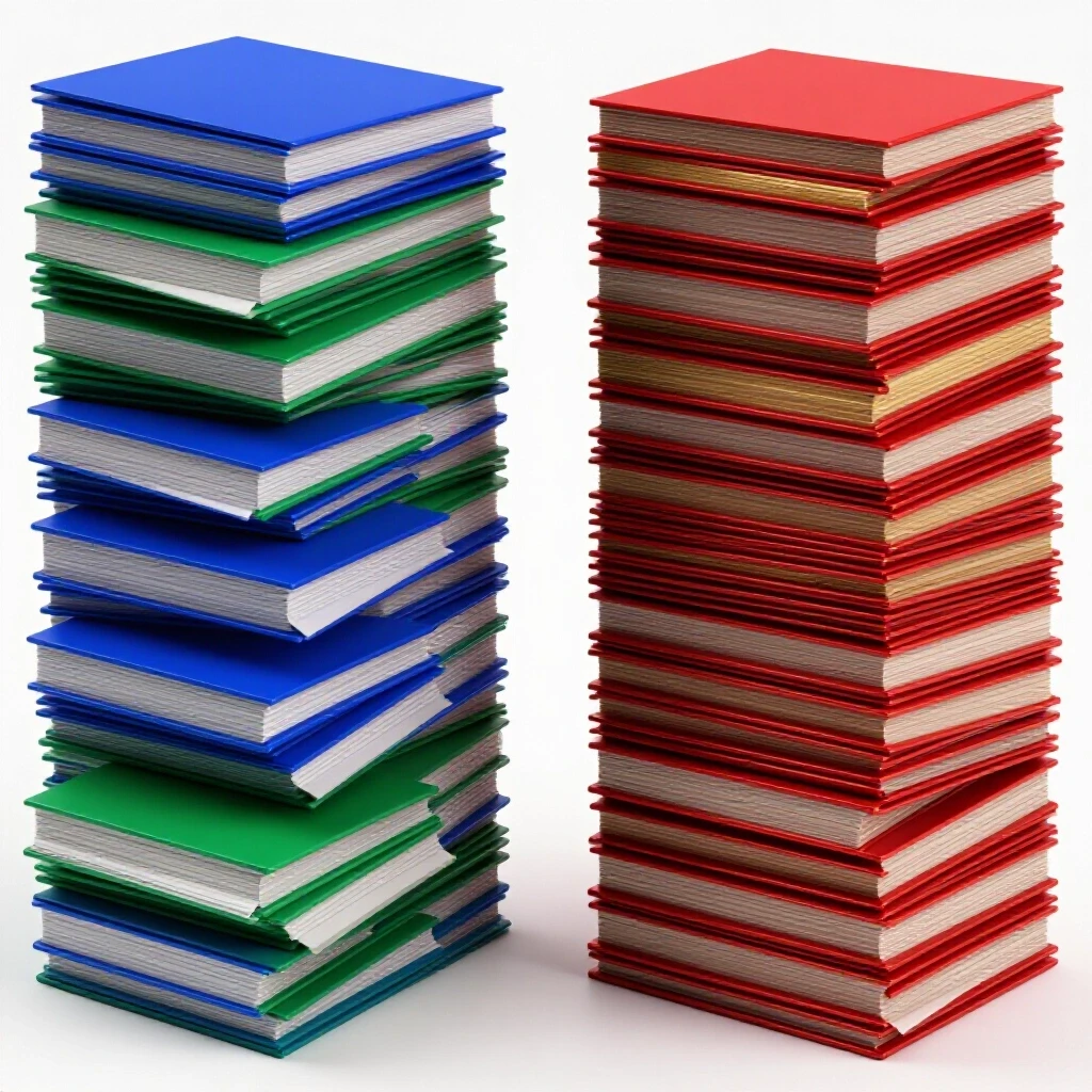 Overflowing colorful creative portfolio contrasted with a tidy stack of bold academic transcripts on a bright background.