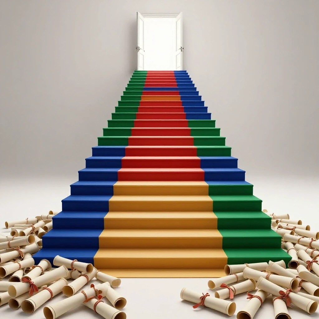 Winding staircase transforming from diploma scrolls to vibrant colors, ascending toward a bright open doorway