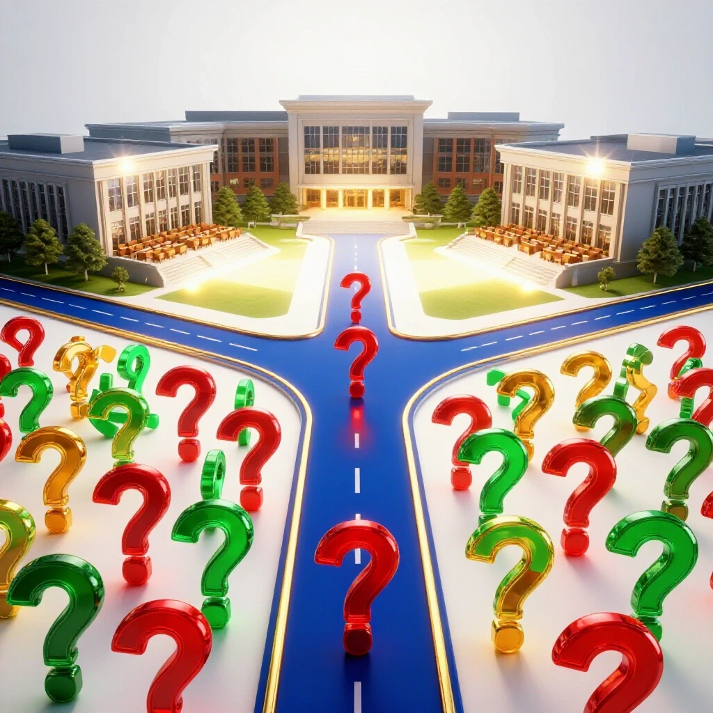 A crossroads with diverging paths: one to a bright academic campus, the other to a maze of vibrant question marks.