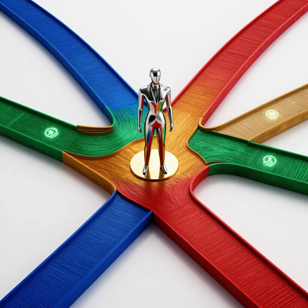 Polished crossroads with vibrant pathways leading to glowing certification symbols and a central abstract professional