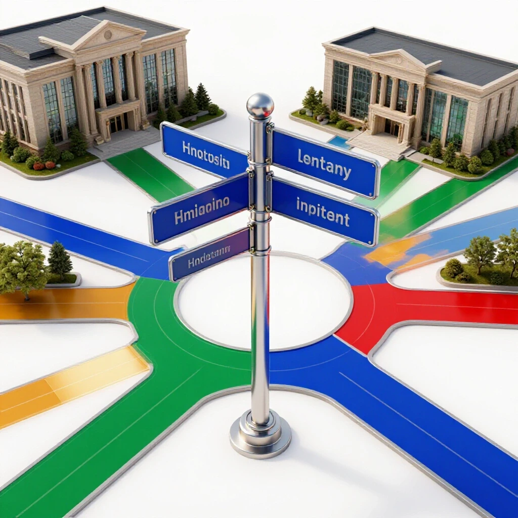 Glossy metallic crossroads signpost with vibrant colored paths leading to distinct academic buildings.