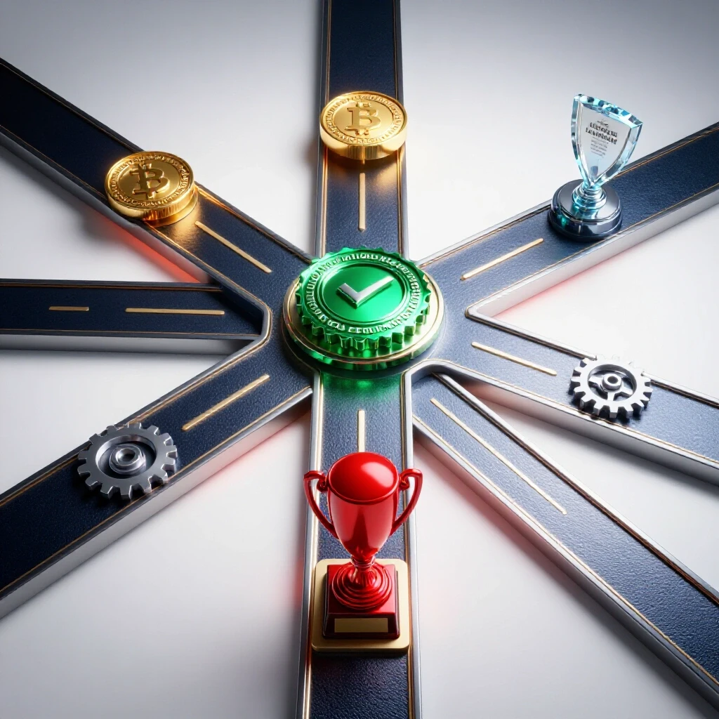 Glossy crossroads with illuminated colored pathways leading to award symbols for certifications, on a bright white background.