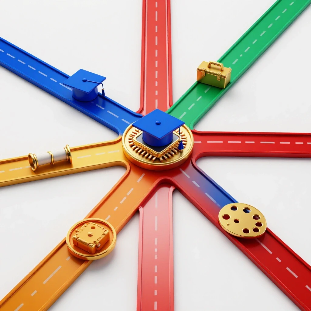 Multiple vibrant paths with unique career symbols diverge from a central hub atop a bright, white background.