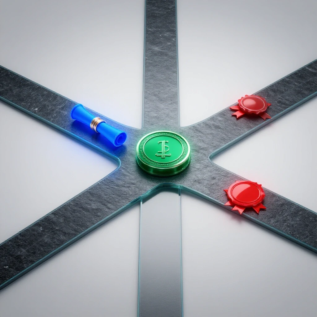 A crossroads with vibrant diploma, certificate, and badge symbols glowing in blue, green, and red on a bright background.