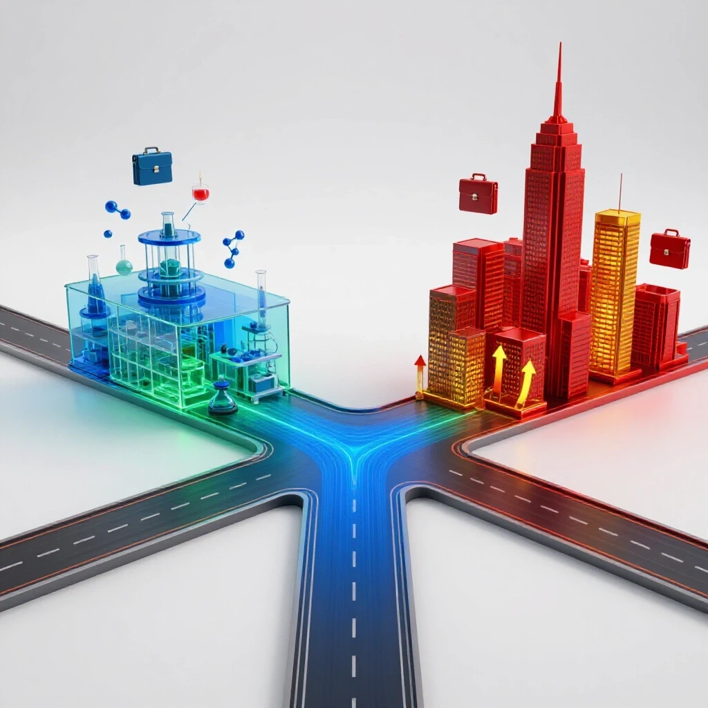 A crossroads featuring one path to a vibrant laboratory and another to a corporate skyline with research symbols hovering.