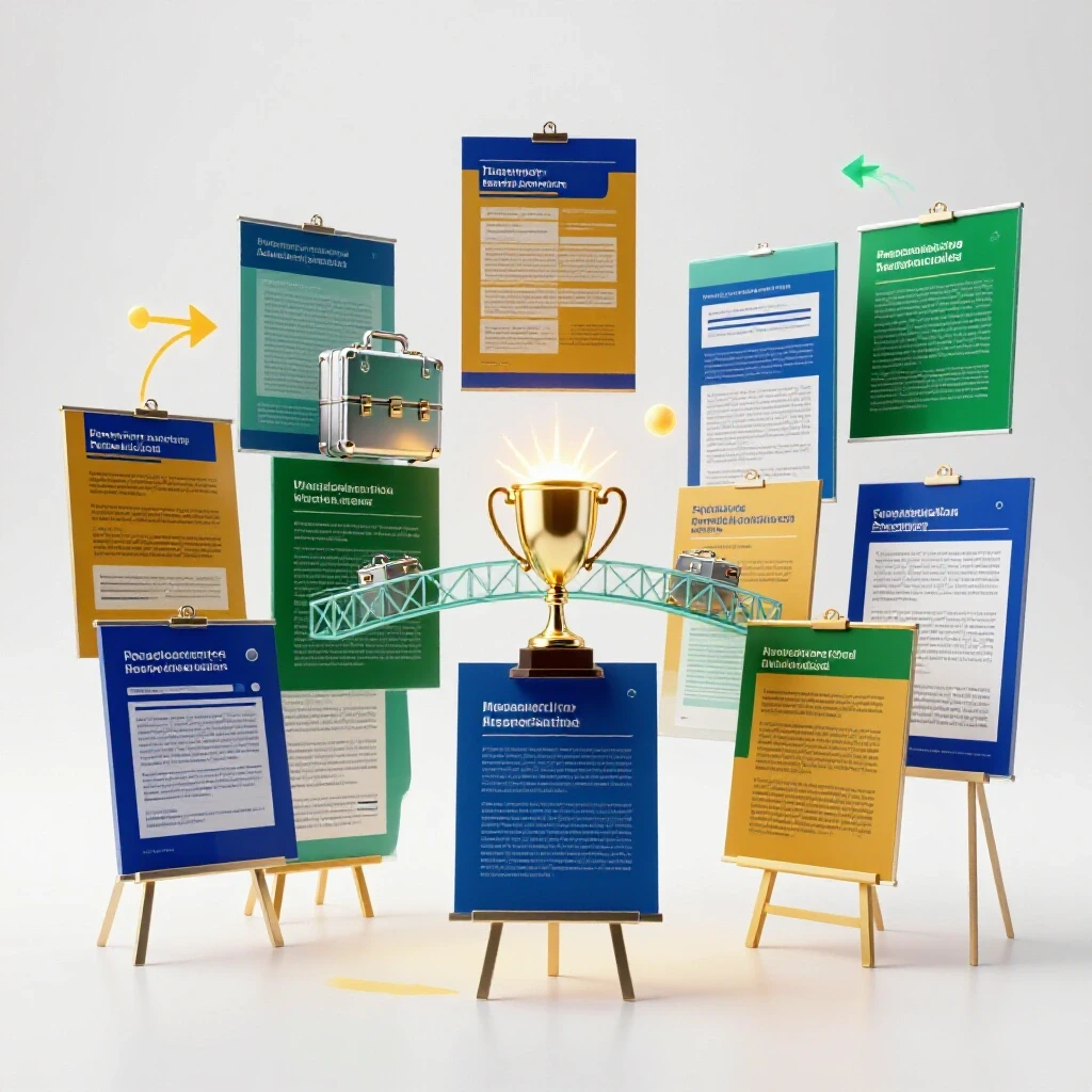 Vibrant research posters on glossy easels connected by a glass bridge to trophies and briefcases, bright studio lighting.