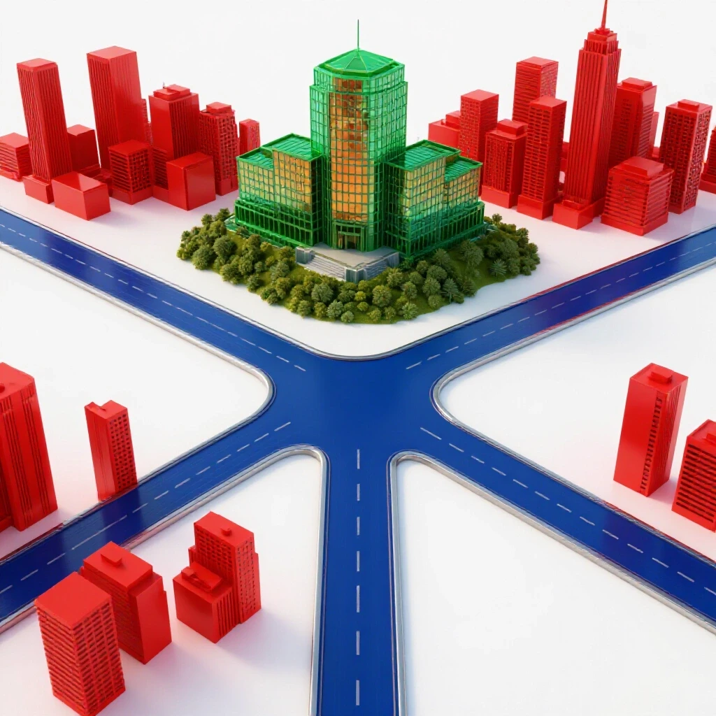 A central crossroads splits toward a vibrant academic building on a hill and a striking city skyline, symbolizing career and education choices.
