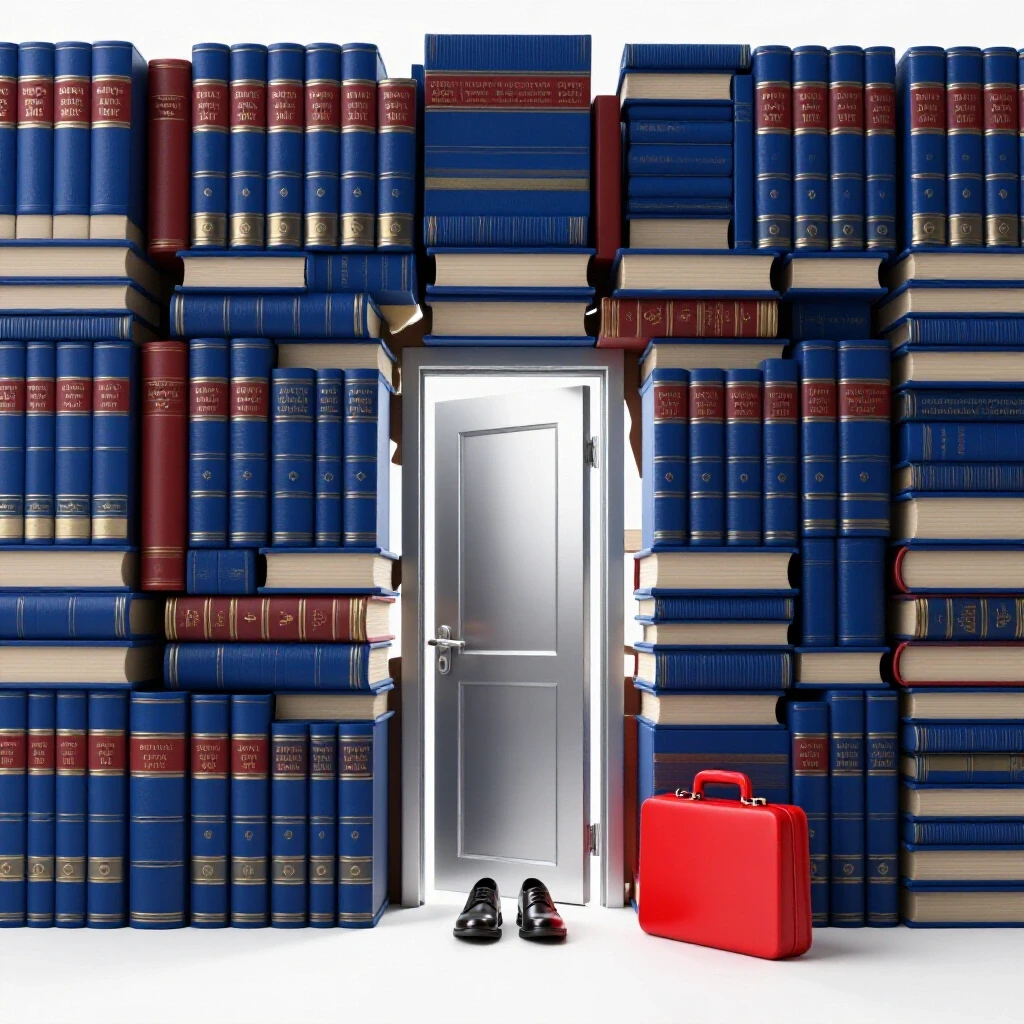 Towering wall of rich blue law books with a central gap and metallic doorway, watched by shocked red briefcases.