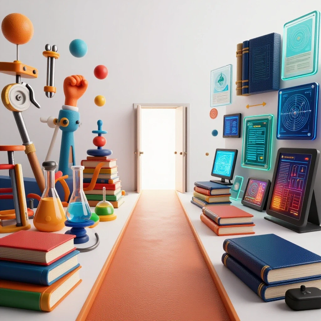 Branching paths with symbols of hands-on and theoretical learning converging to a radiant open doorway