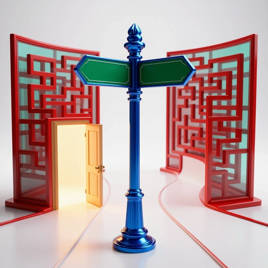 Glossy 3D crossroads signpost with classroom door and crimson maze on bright white background, symbolizing Praxis exam choices.