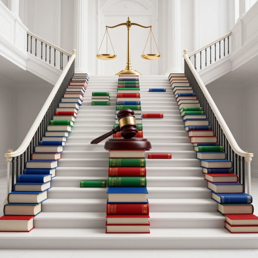 Grand courthouse staircase with colorful books at the base transitioning to legal symbols like a gavel and scales above.