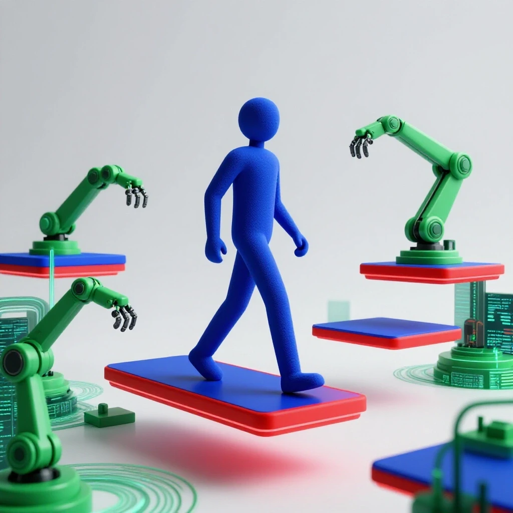 A stylized figure steps across glowing blue and red platforms above robotic arms and digital code on a bright background.