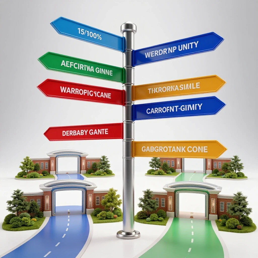 Brightly lit signpost with multiple bold colored paths leading to vibrant campus gates, symbolizing choice and opportunity.