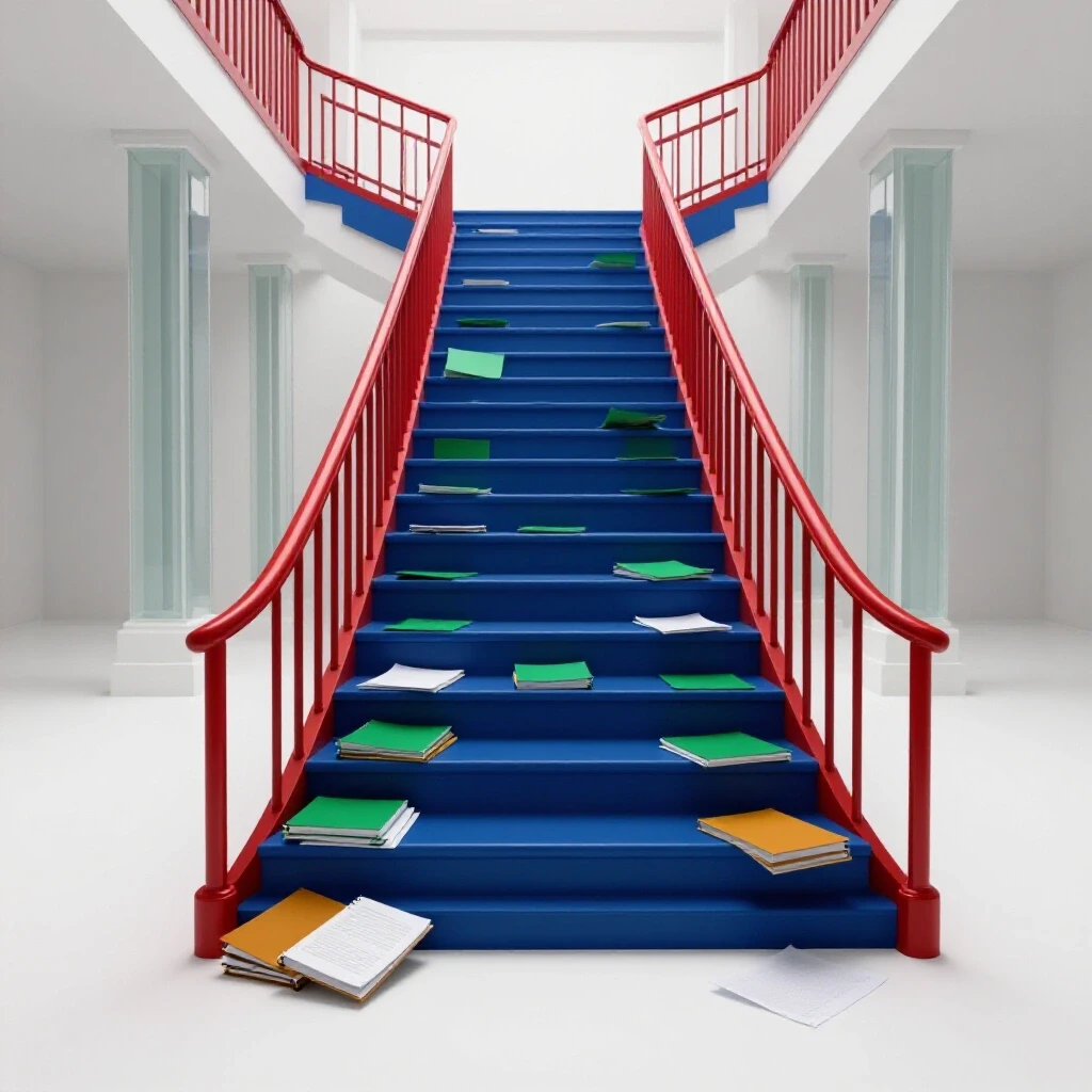 A grand staircase with vivid blue and red finishes leads to a bright academic hall, with colorful notebooks and research papers scattered on the steps, symbolizing the undergraduate to graduate school journey.