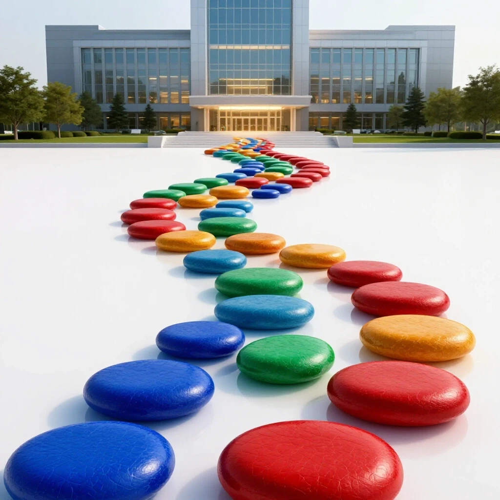 Vivid stepping stones form a winding path toward a luminous university building on a clean white background.