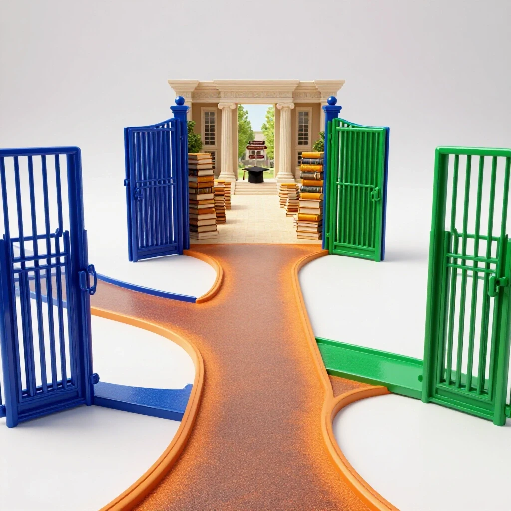 A branching pathway with closed colored gates and one open path revealing a vibrant campus scene beyond.