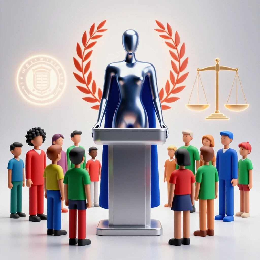 Confident abstract figure at a podium addressing attentive student group, backed by laurel wreath, scales, and an emblem symbolizing leadership and responsibility.