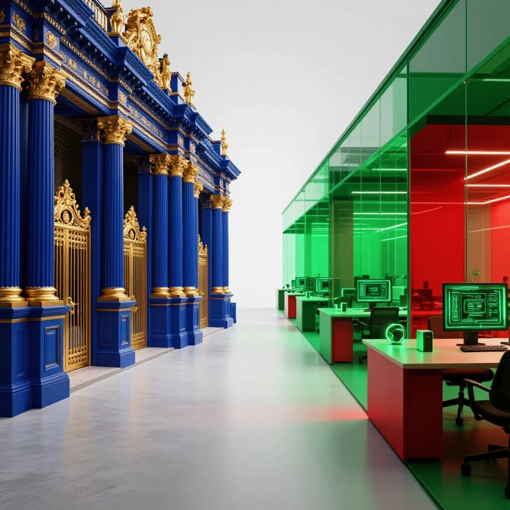 A split scene showing an ornate university entrance and a bustling modern startup workspace, both leading forward.