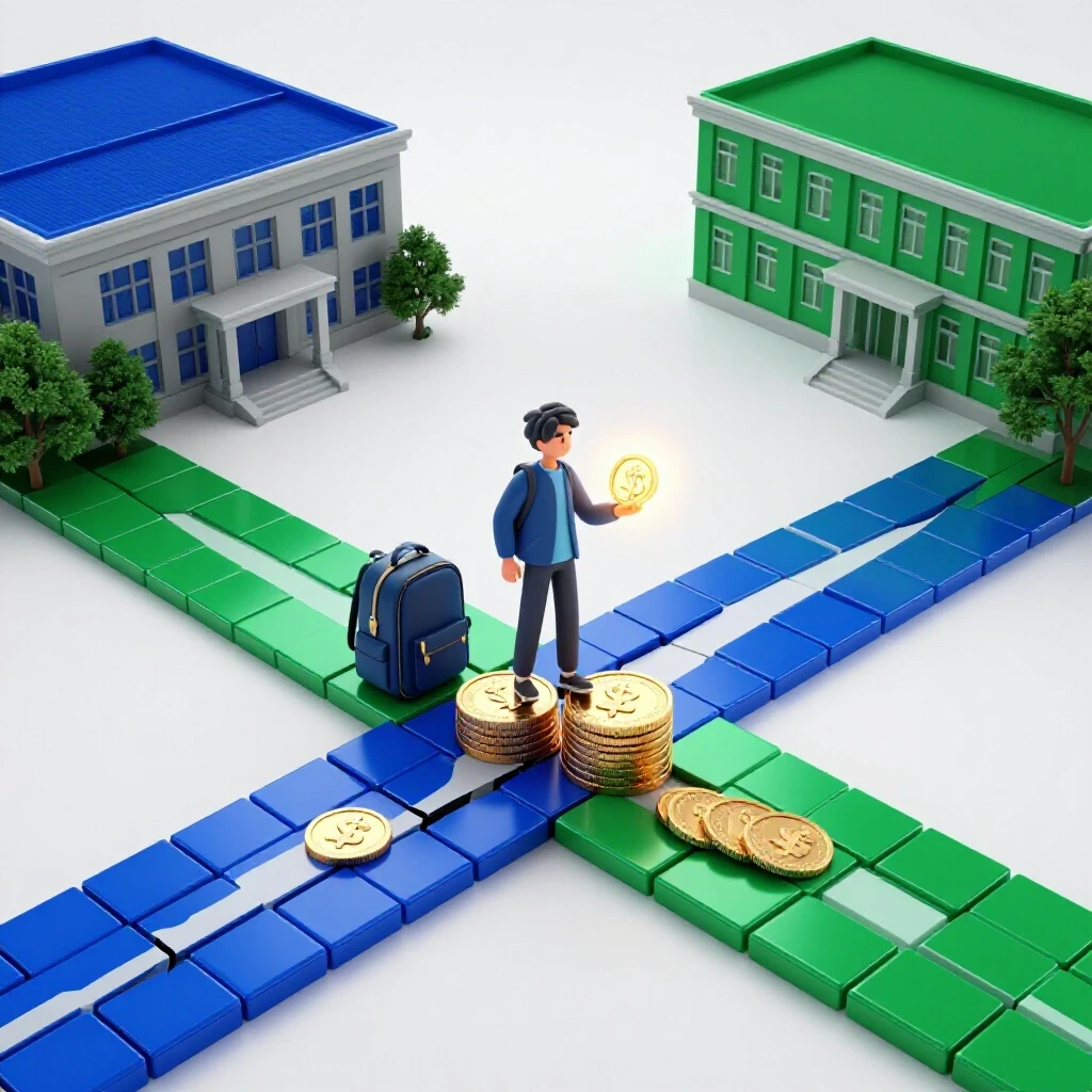 A student’s journey at a split path between two campuses, with secure and falling credit tokens illustrating transfer challenges.