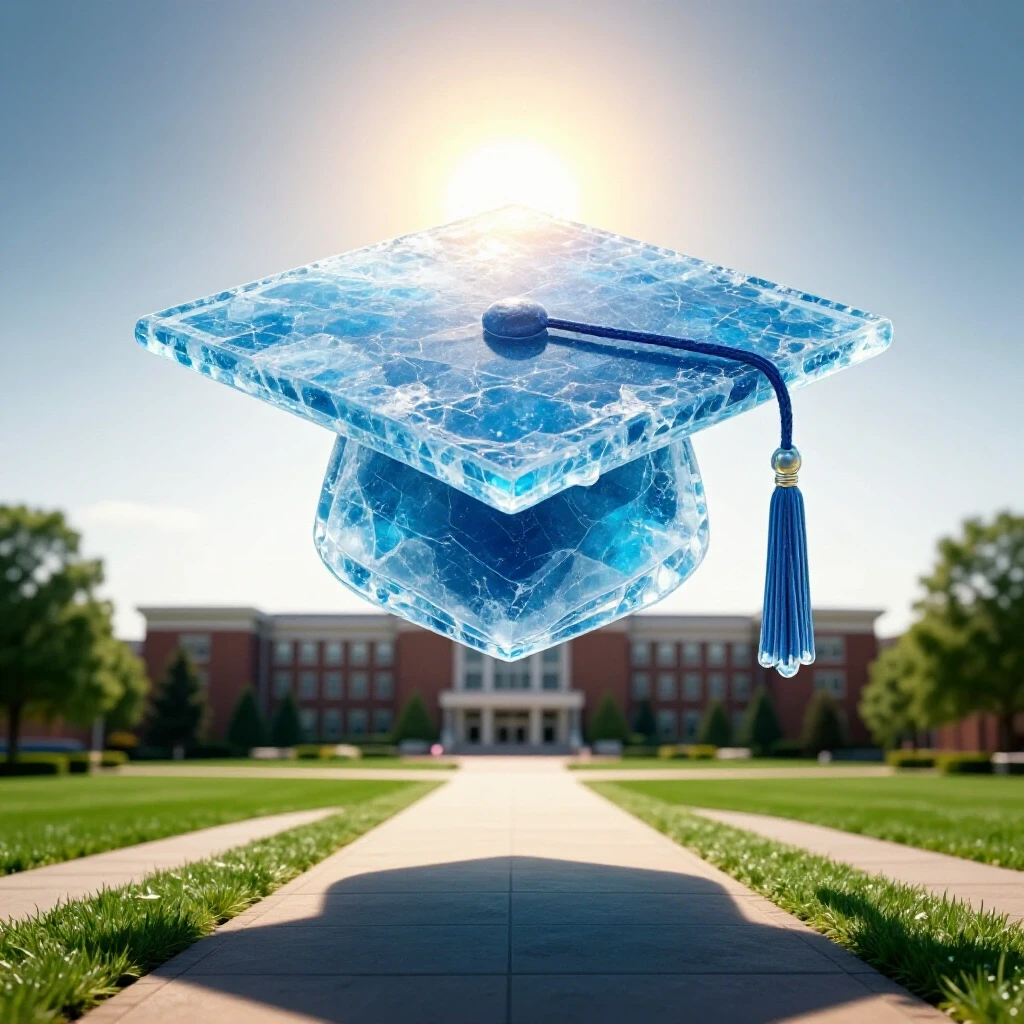 Graduation cap made of melting ice under a bright sun with a shadowy path leading to a distant college campus.