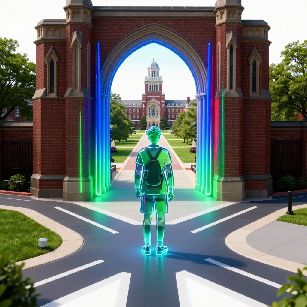 A glowing digital gateway at a crossroads leads toward the iconic Princeton campus, set in a bright studio scene