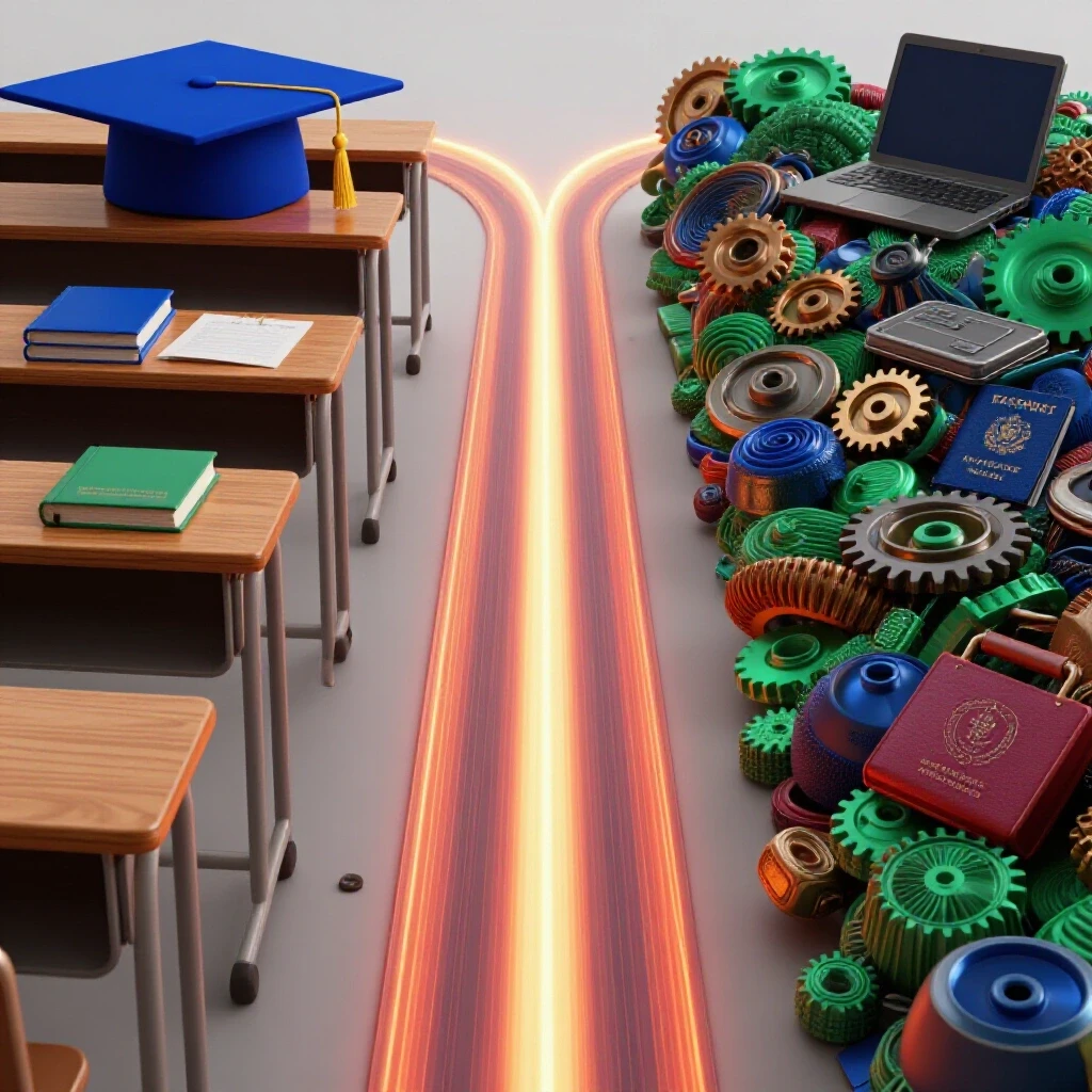 Glowing shortcut pathway bridges a classic school desk and a collage of life experience symbols in vibrant colors.