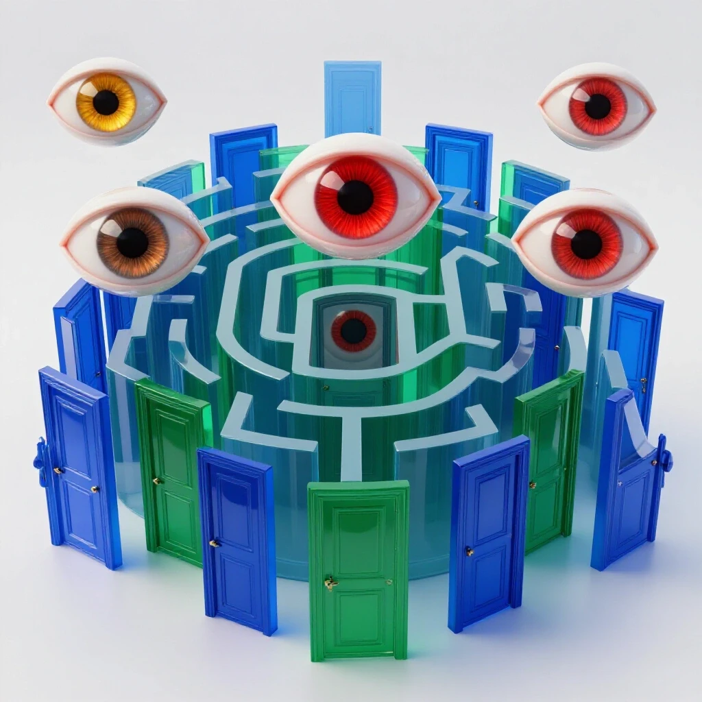 Maze of translucent doors watched by large vigilant eyes, symbolizing privacy laws in education.