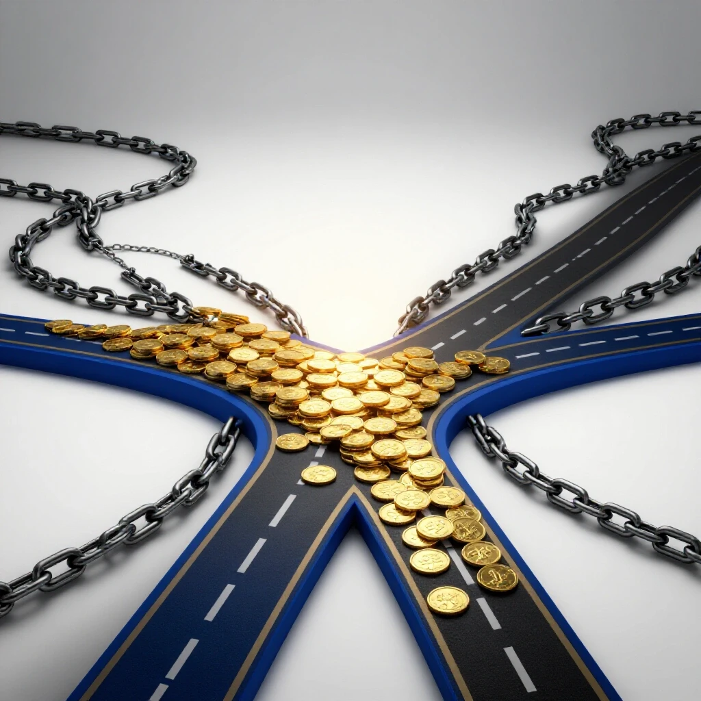 Crossroads with one path of gold coins leading to light, another path tangled with debt chains on a bright background.