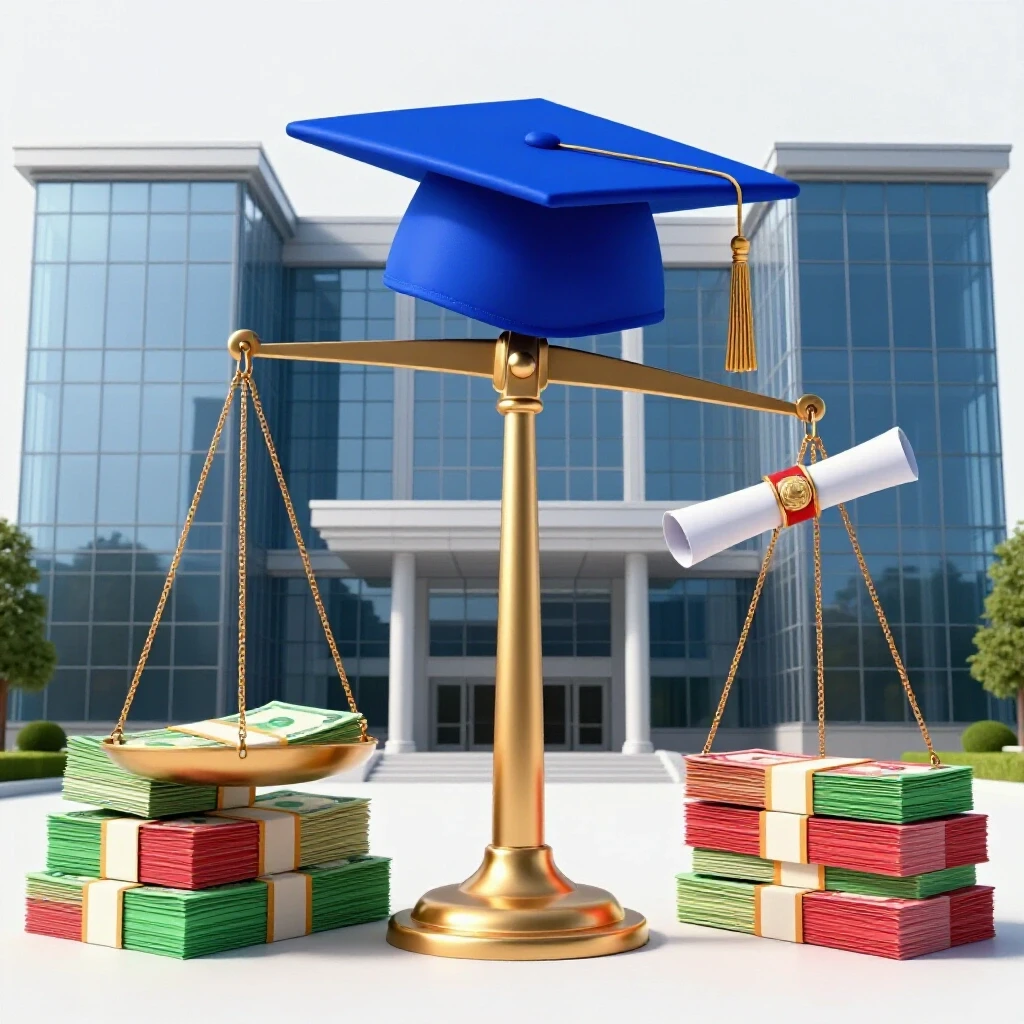 Balancing scale with graduation cap and diploma on one side and stacks of money on the other in front of a modern university building, on a bright background.