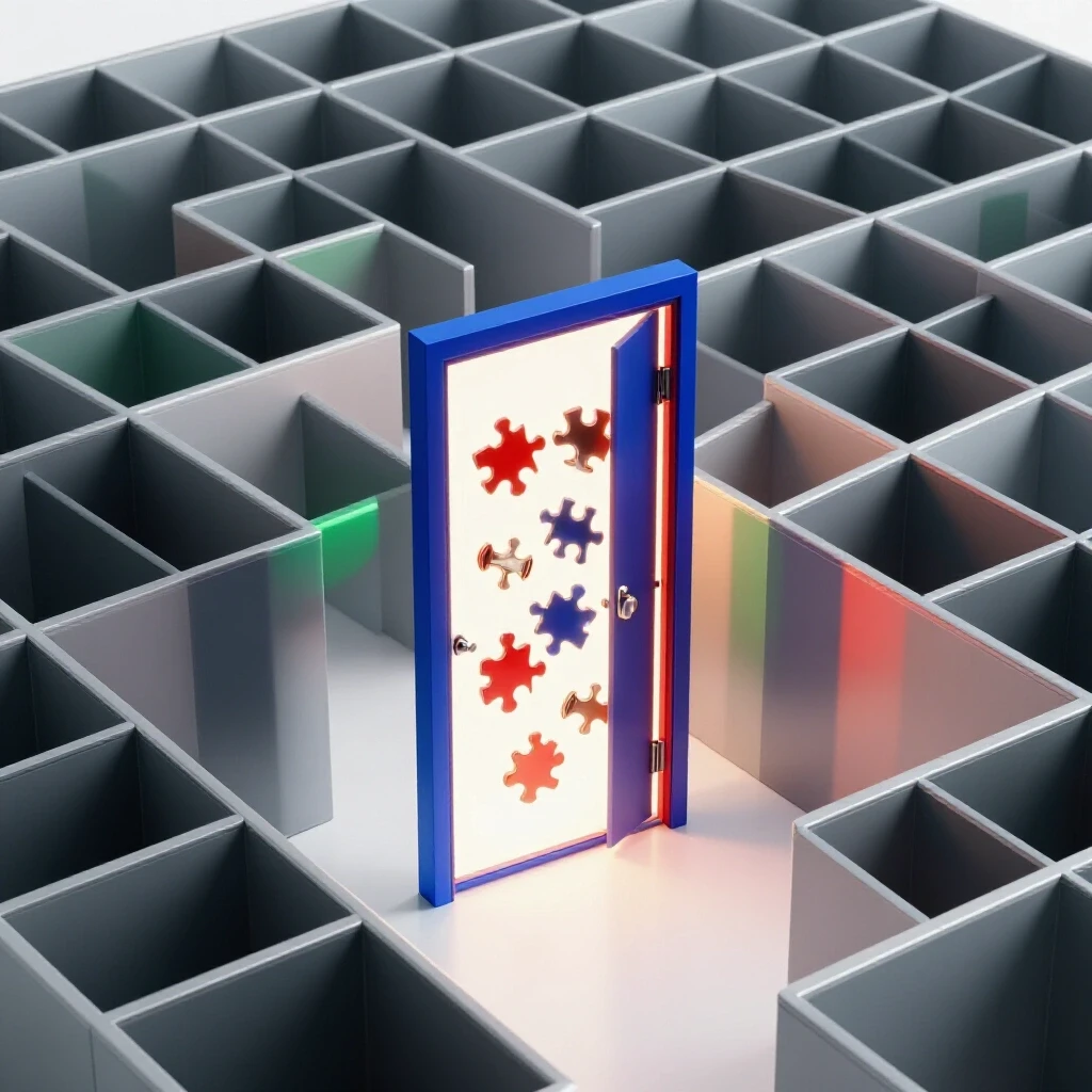 A glowing door in a bright office maze reveals shadows of toolkits and puzzle pieces, hinting at hidden job roles.