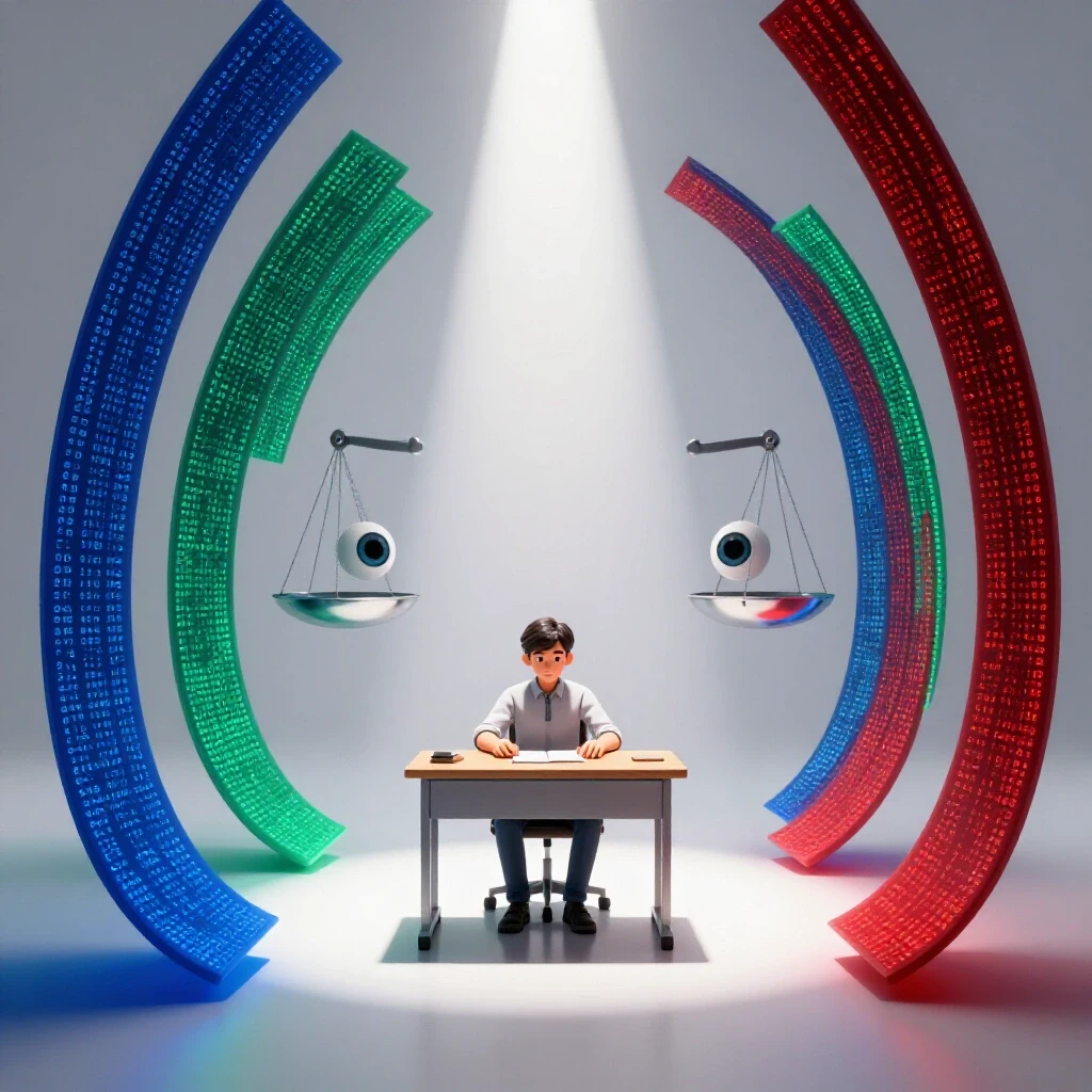 A spotlighted desk encircled by glowing digital data, watched by shadowy eyes, with balanced scales behind.