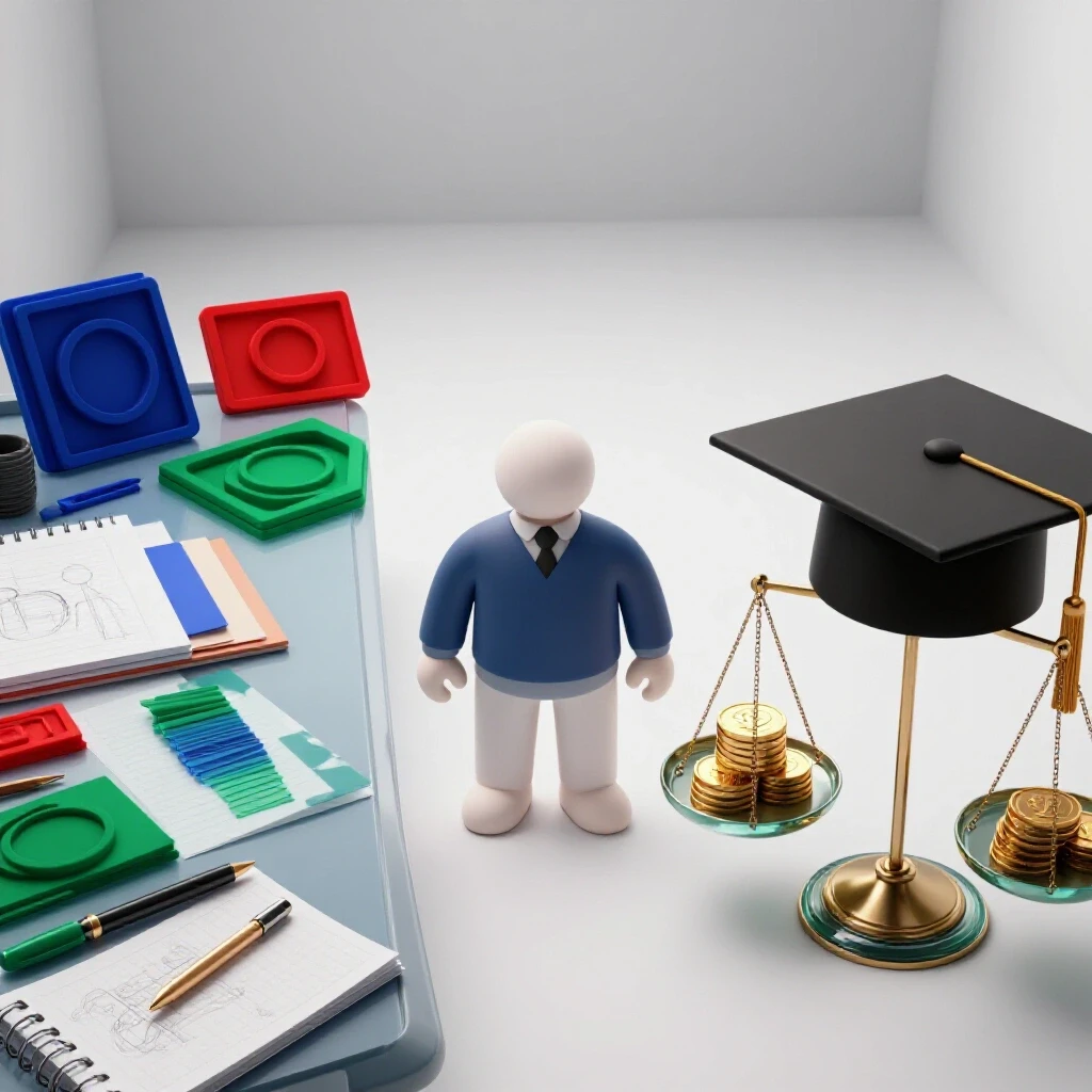 A split scene featuring a designer's prototype desk and a balance scale weighing a graduation cap against stacks of coins