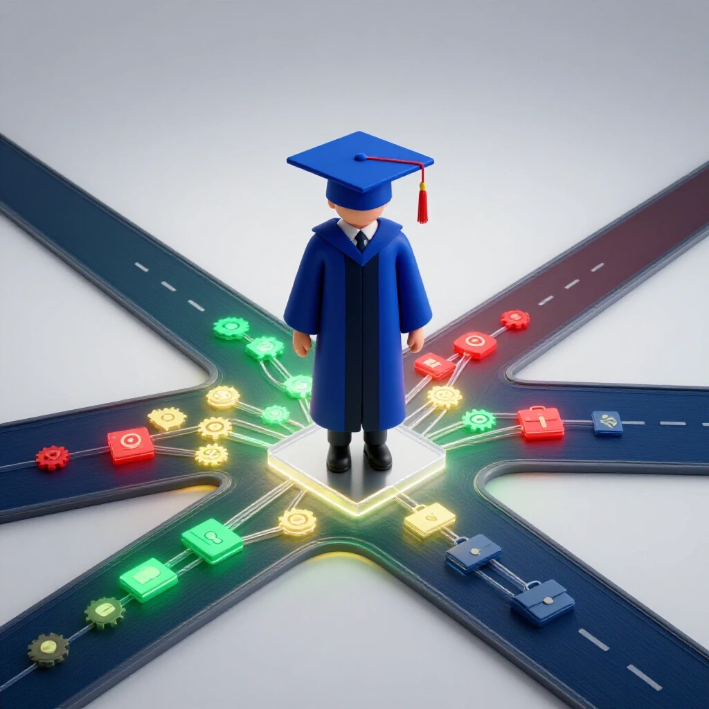 A graduate's cap and gown at a crossroads, one path glowing with professional network symbols, one dim and solitary.