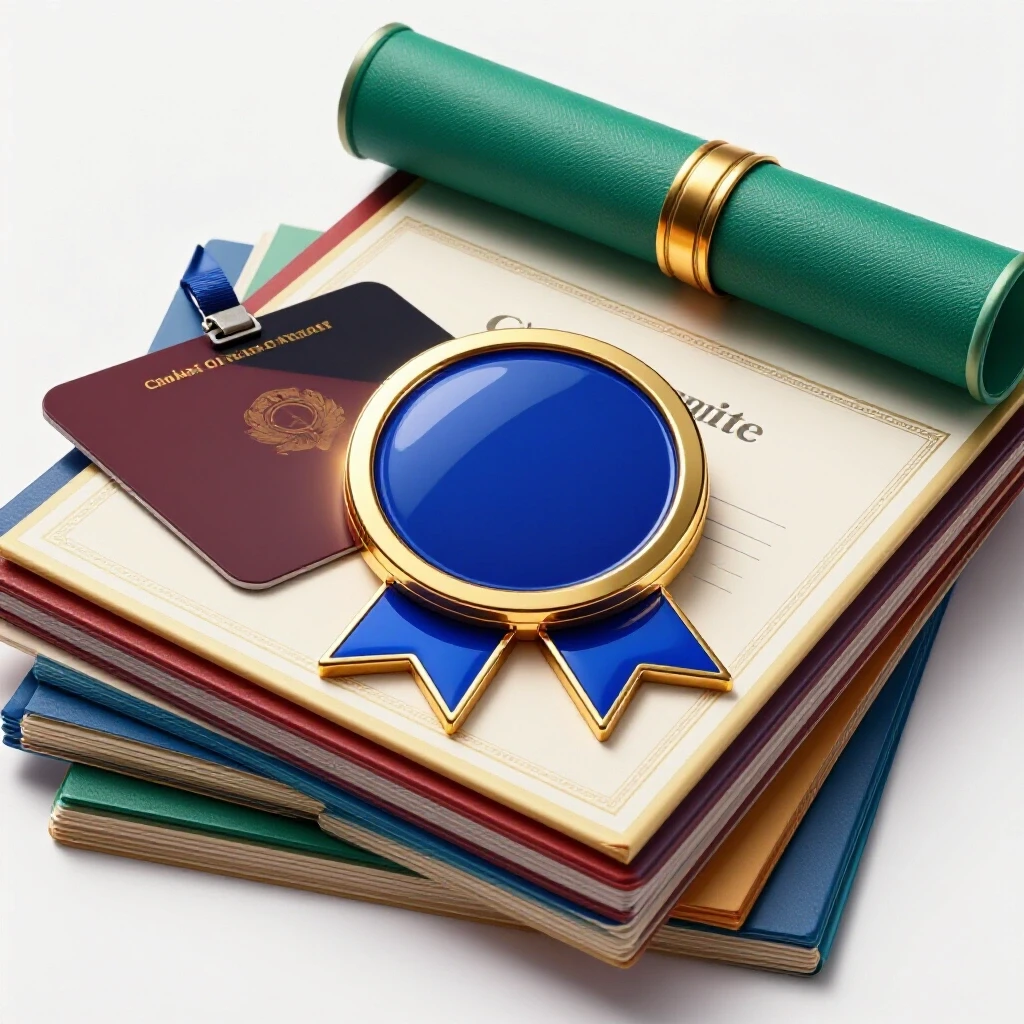 Polished metallic badge spotlighted atop colorful certificates and career tools on a bright white background.