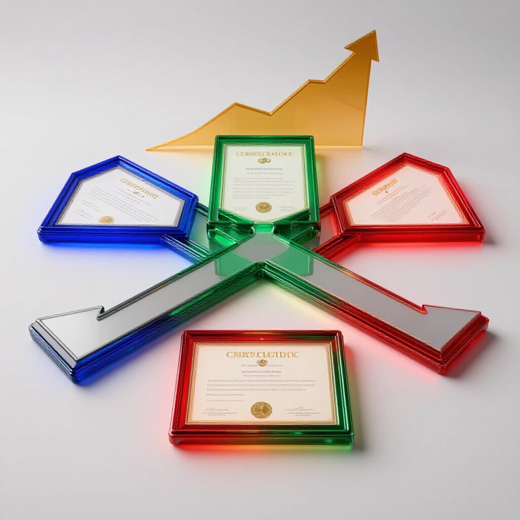 Crossroads of glowing, colorful certificate plaques with a rising graph path on a bright white background
