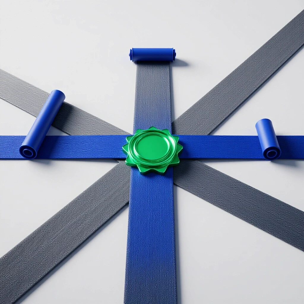 Glossy blue degree scroll and metallic green digital badge at a crossroads on a bright open landscape