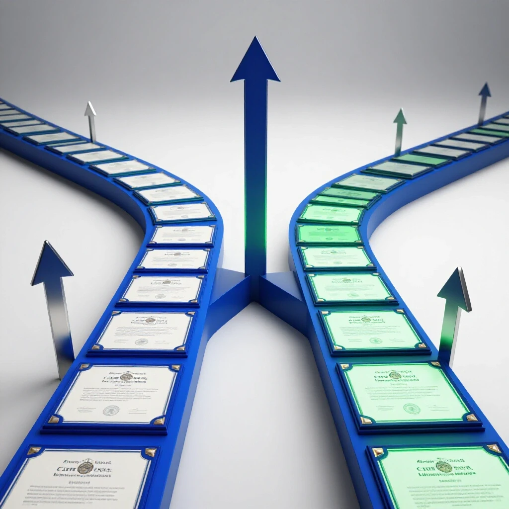 Vivid forked pathway with certificates and upward arrows on one side, shadowed uncertainty on the other.