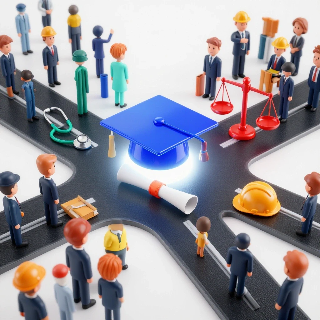 Bright crossroads scene with academic cap, diploma, and diverse professional icons symbolizing degree choices.