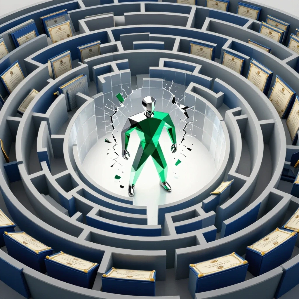 A dramatic scene of diplomas and certificates forming a maze, with a bold figure breaking through a wall into a bright open path.