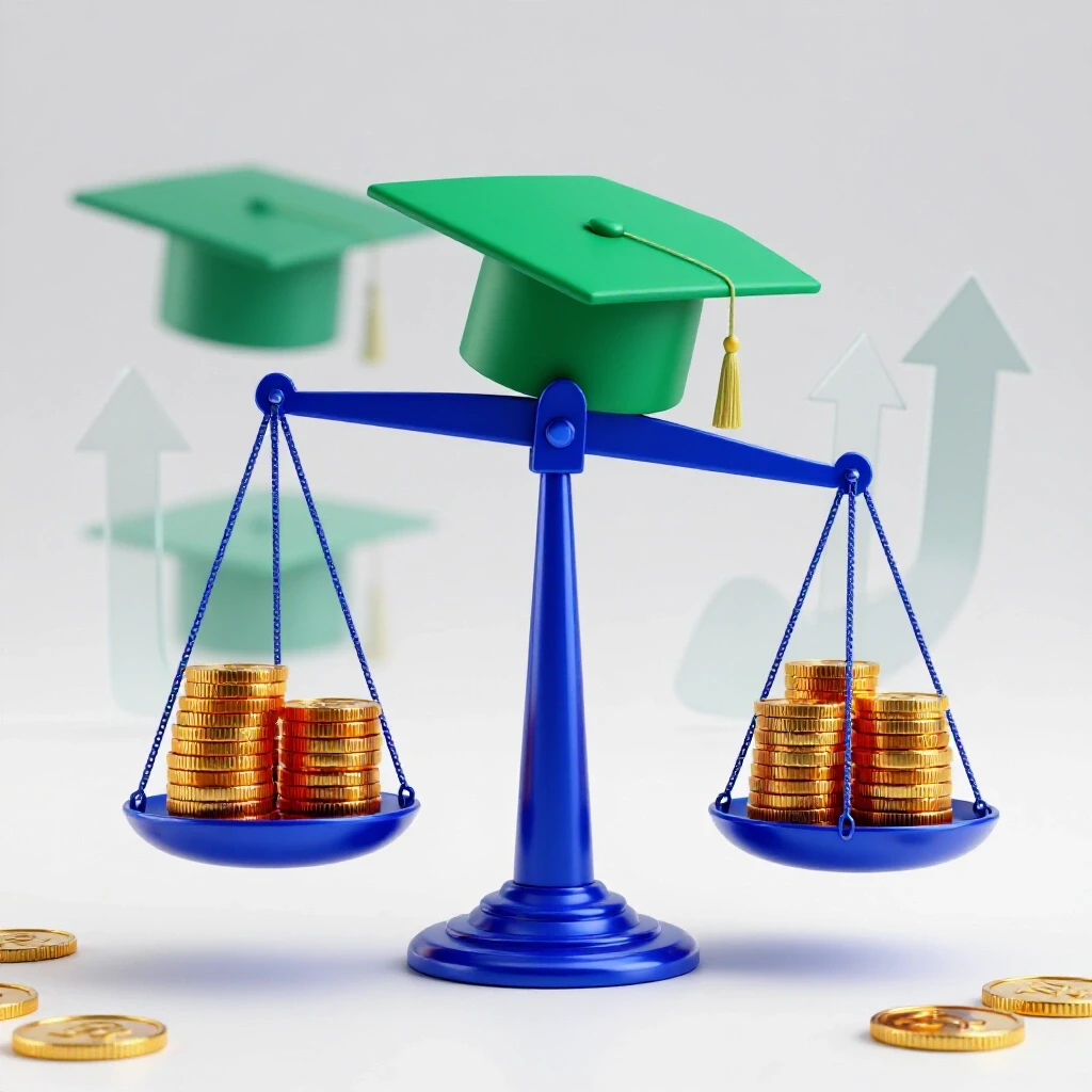 Balance scale with a graduation cap on one side and stacks of gold coins on the other, symbolizing educational investment versus financial return.