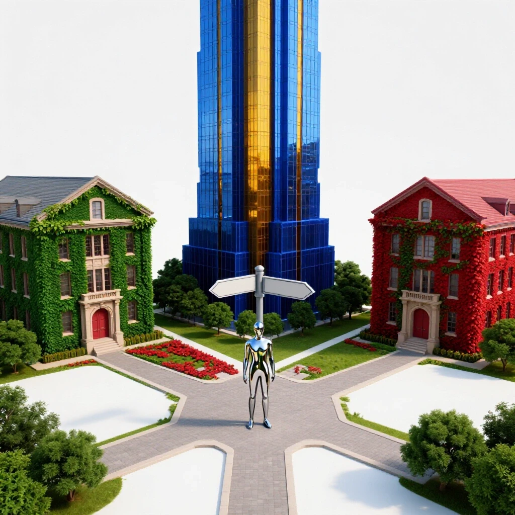 A crossroads with one path to a modern skyscraper and the other to an ivy-covered university, signpost at center, on a bright white background.