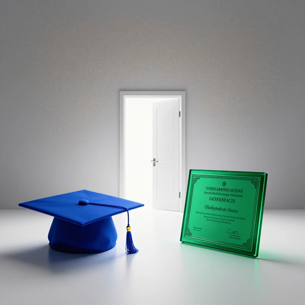 Graduation cap and glowing certificate face a central open doorway with bright light on a pristine white background.