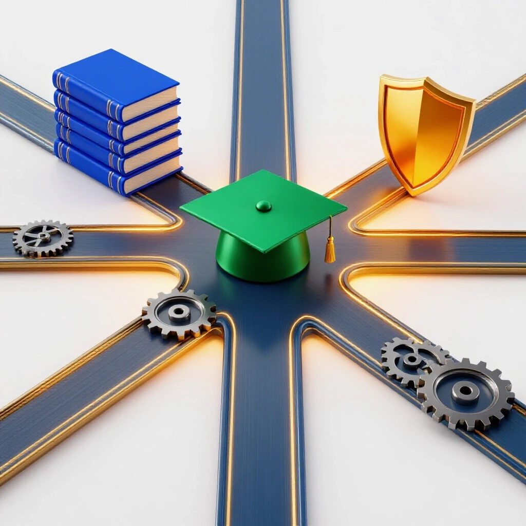 Bright 3D crossroads with glowing paths leading to vivid books, a graduation cap, gears, and an academic shield.