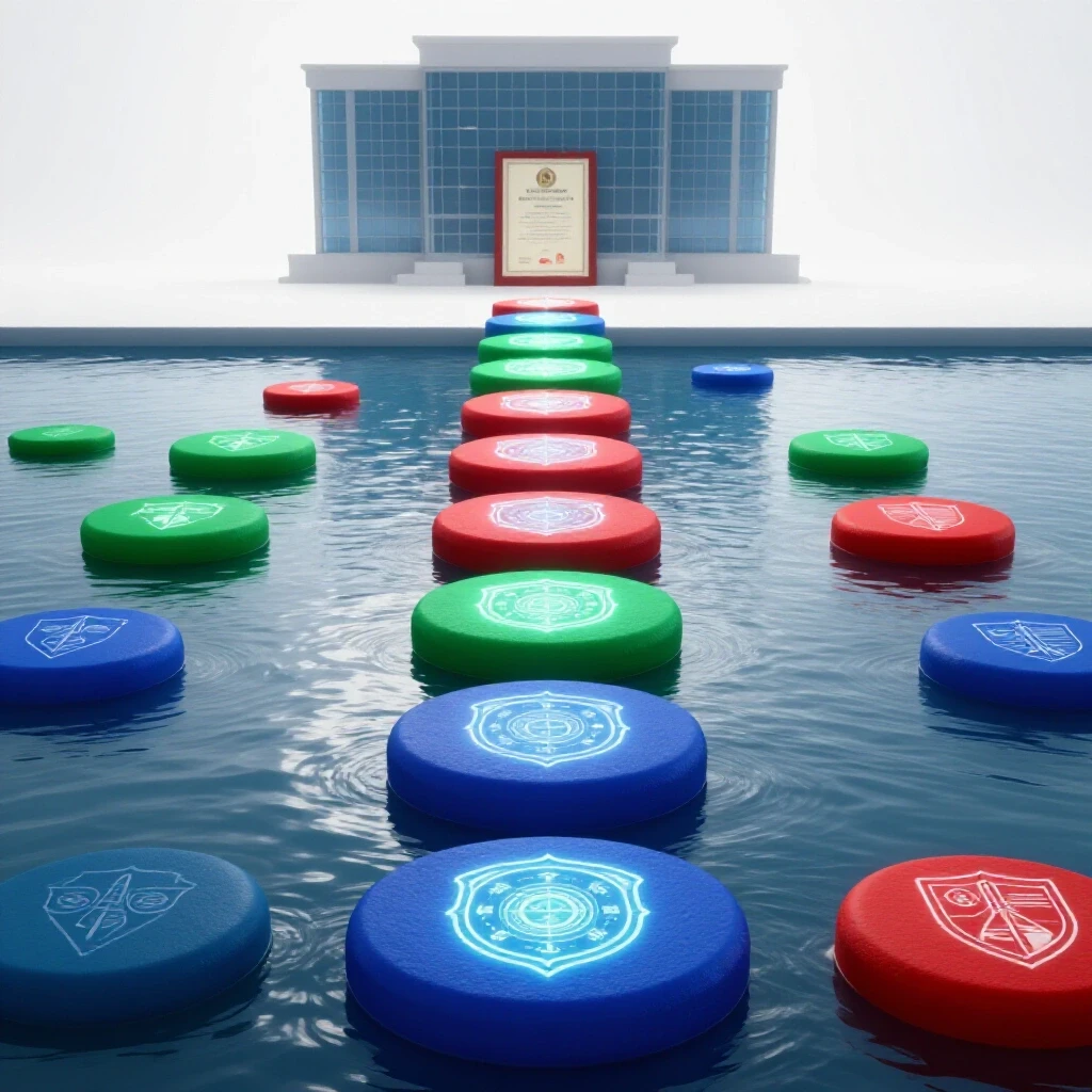 Glowing colorful stepping stones marked with symbols lead across water toward a distant certificate or official building.