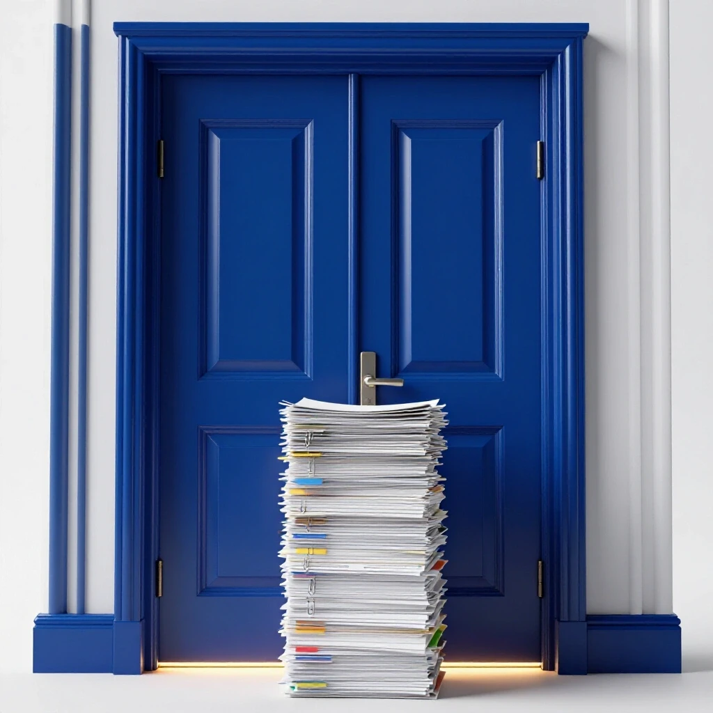 A closed royal blue door with light seeping through edges and a stack of documents in front, on a bright background.