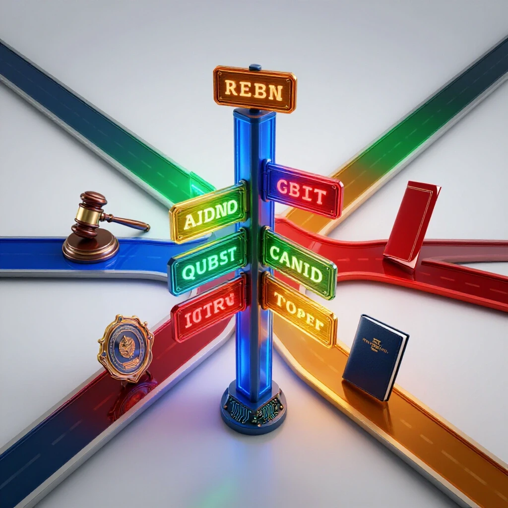 Glossy crossroads with branching, brightly lit pathways and symbolic professional objects under futuristic signs